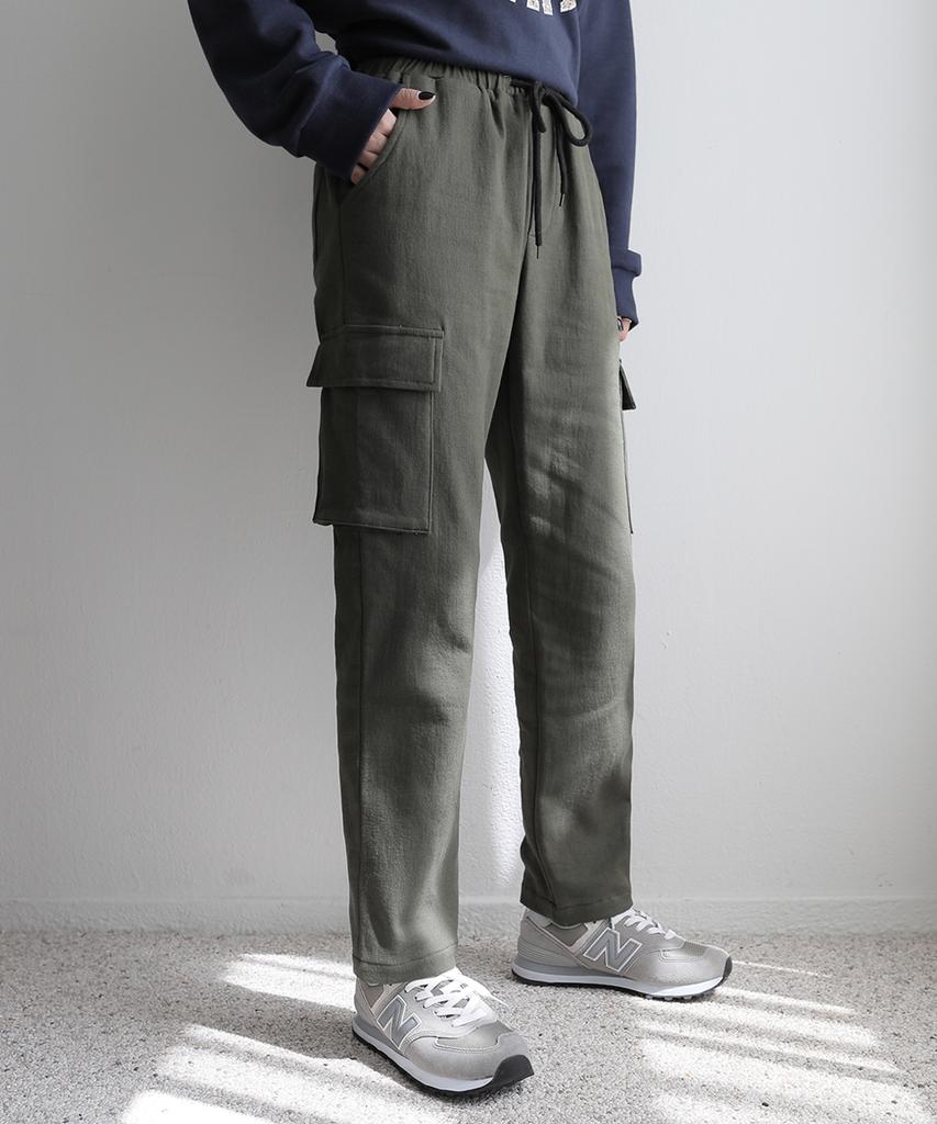 Jikeulib Warm Fleece-Lined Elastic Waist Pocket Cargo Stretch Cotton Pants