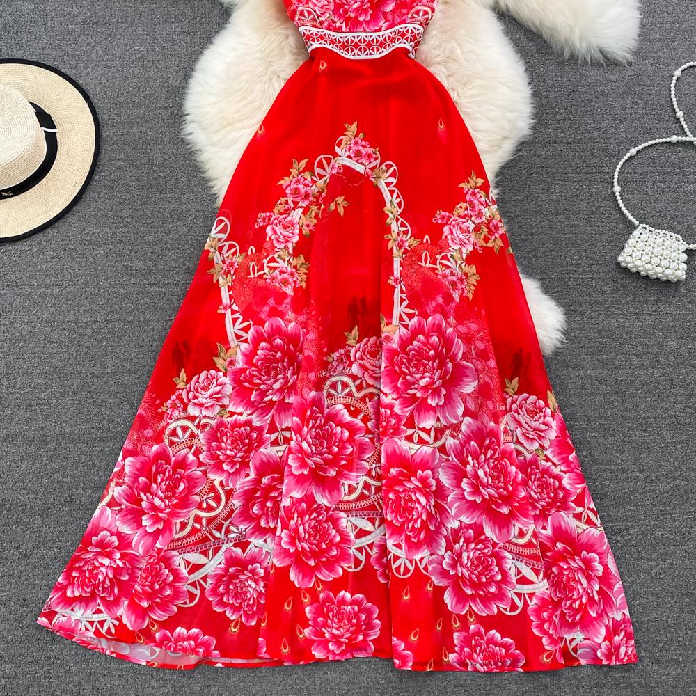 Fashion Runway Print Summer Dresses For Women Deep V Neck Flying Sleeve Single Breasted Split Long Pleated Chiffon Dresses