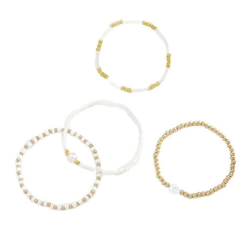 4Pcs Boho Seed Bead Elastic Bracelet Set White Gold Color Imitation Pearl Stackable Beaded Bracelets for Women Vacation Jewelry