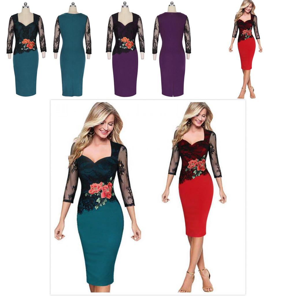 Office Women Sexy V-neck Lace Embroidered Floral Cocktail Evening Party Dress In Premium Quality Fabric