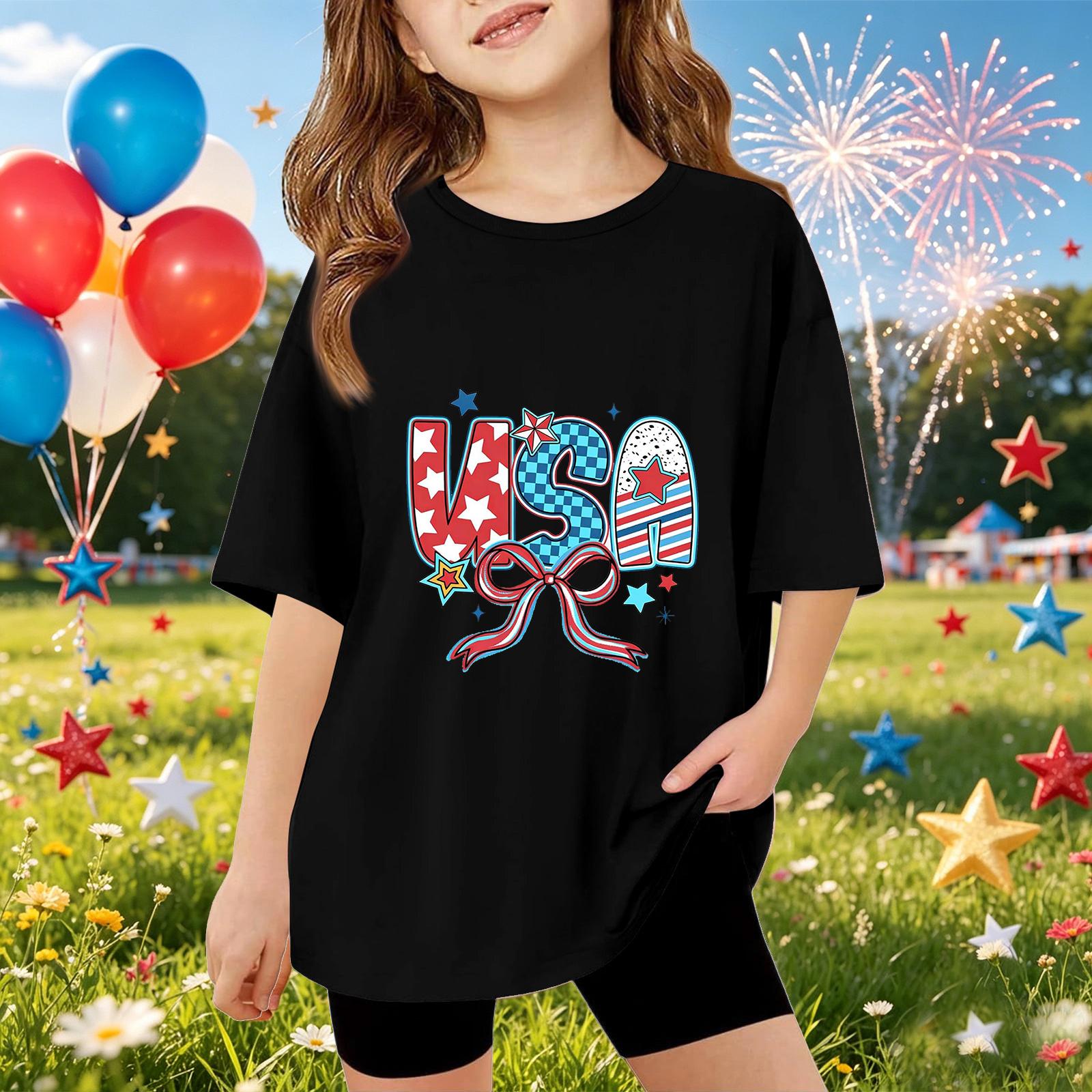 

Kids Short Sleeve T-Shirt USA Graphic Print Top Independence Day Casual Summer Tee for Boys Girls 110 чёрный