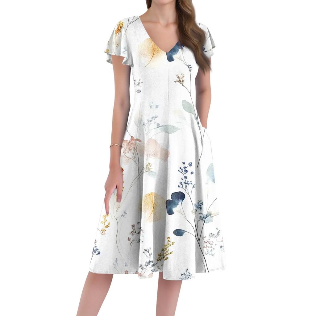 A Casual And Fashionable V-Neck Short-Sleeved Medium-Length Dress With Floral Prints For Women