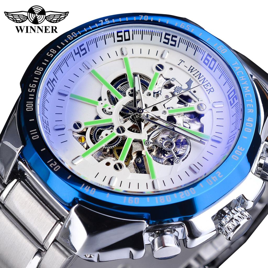 WINNER New Top Men's Watch Automatic Mechanical Strap Calendar Water Ghost Series Watch Silver Stainless Steel Waterproof Luminous