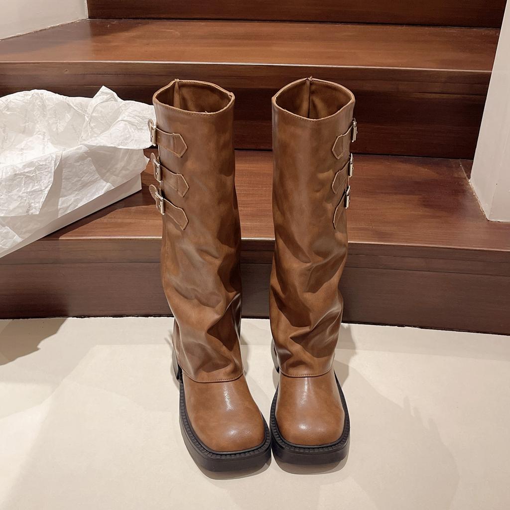 Botas de cavaleiro de sola grossa, bico redondo retrô, novas para primavera e outono de 2025, perna longa, botas de empilhar, botas de perna alta, botas longas