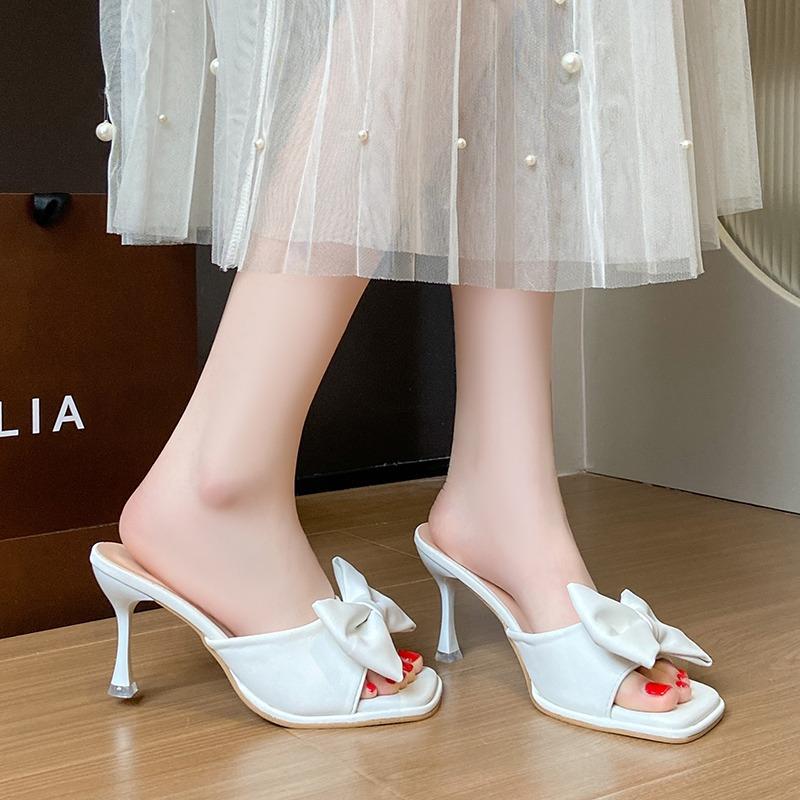 Womens Sandals High Heels Fashion Bow Designer Elegant Solid Color High Heels PU Leather Open Toe Shallow Mouth Women's Slippers