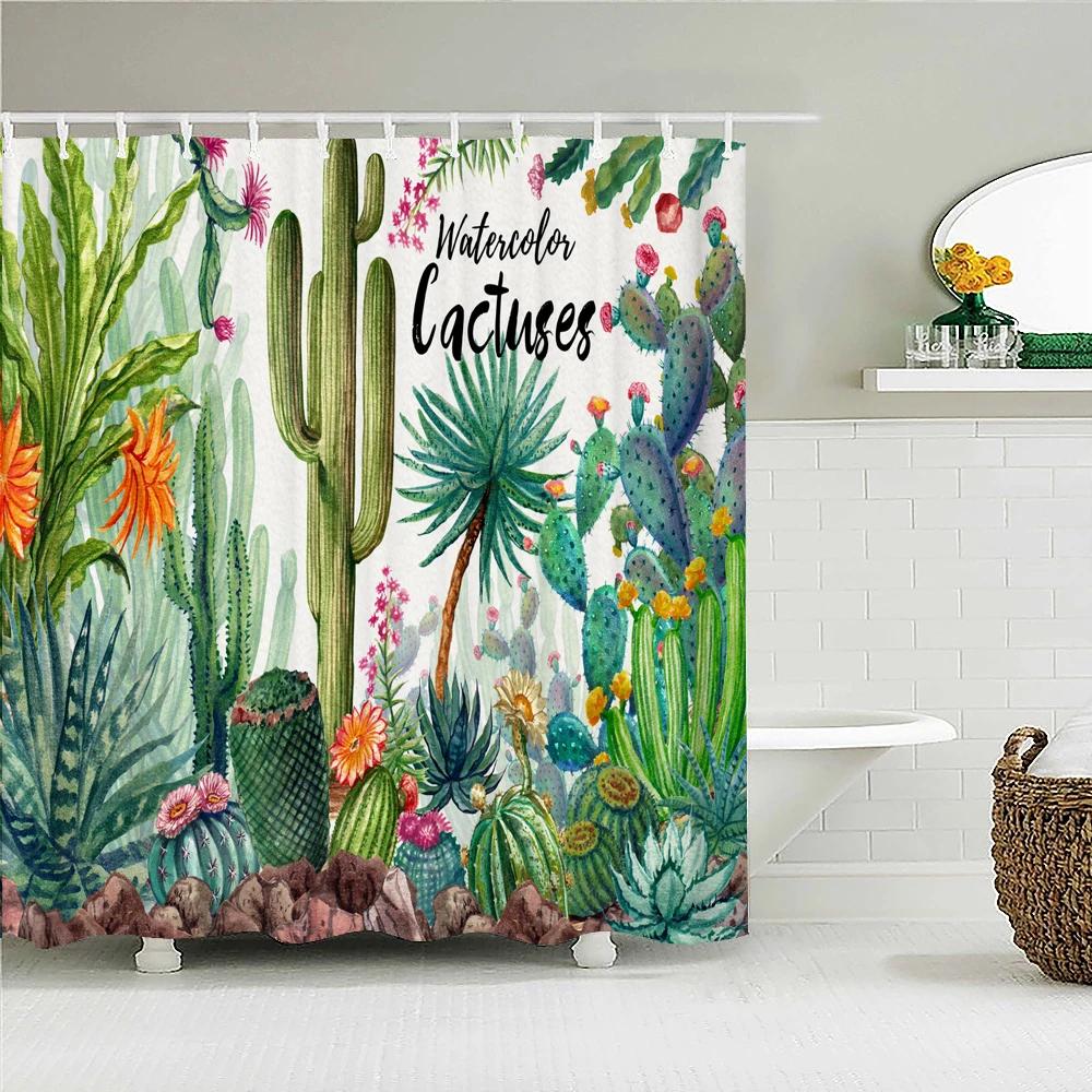 Cactus Shower Curtains Waterproof Polyester Fabric Shower Curtains Tropical Plants Bathroom Screen Curtain Home Decor 180X180cm