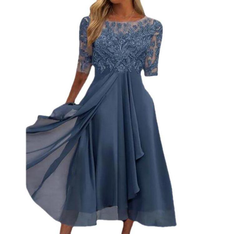 2025 Elegant European Long Bridesmaid Dress Chiffon Lace Hollow Evening Gown