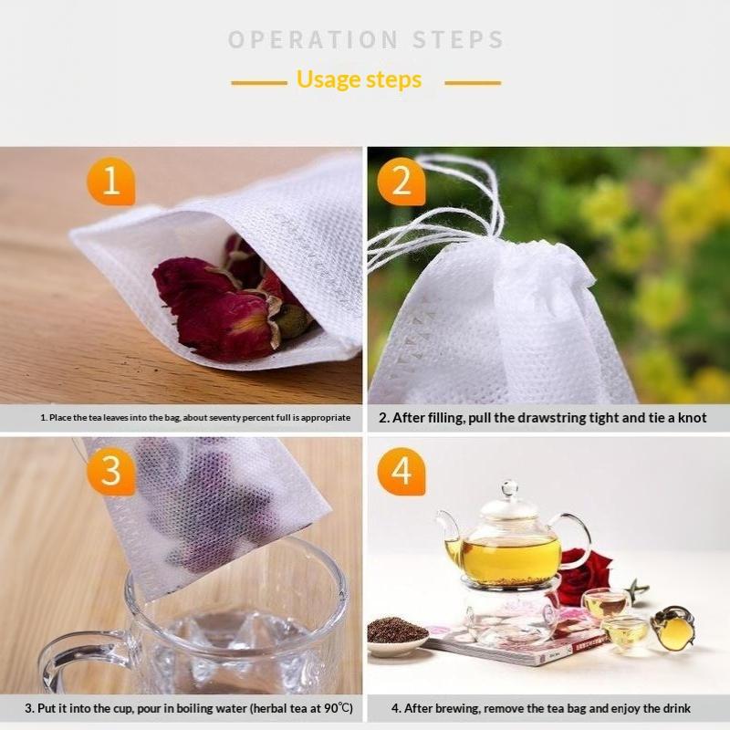 100 Pcs Disposable Tea Filter Bags Food Grade Nonwoven Drawstring Leak Proof for Herb Spice Cooking Sachets