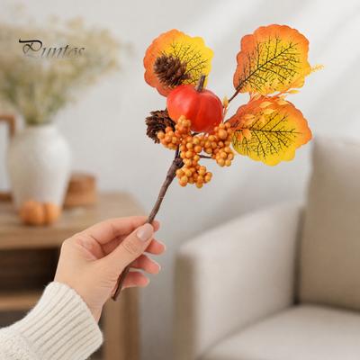 Rustic Autumn Decoration Flower Bouquet, Artificial Fall Floral Picks with Maple Leaves Pumpkins Bendable Branches Berries Pine Cones for Thanksgiving