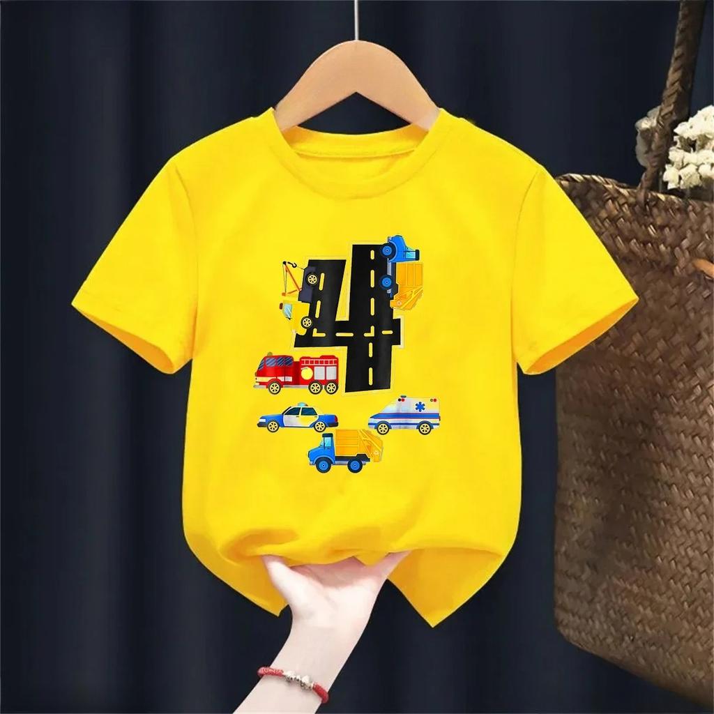 Police car engineering vehicle ambulance fun printed summer boy and girl short sleeved Tshirt top