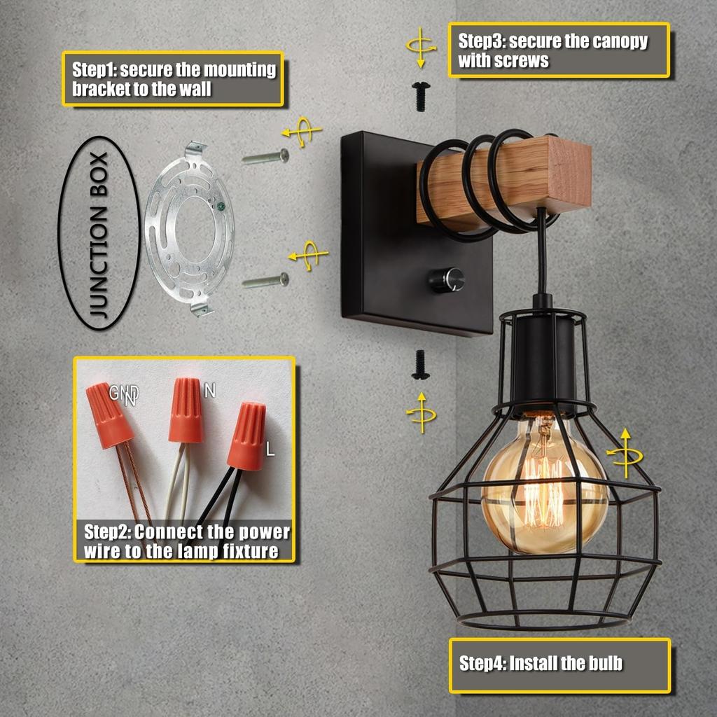Set of 2 Industrial Wall Sconces with Dimmer ON/Off Switch,Farmhouse Wall Mount Light with Metal Cage Shade,Black Wall Lights Indoor for Kitchen