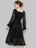 Women's Lace Trim Black Dress - European & American Style, Waist-Hugging, Long-Sleeved, Mid-Length
