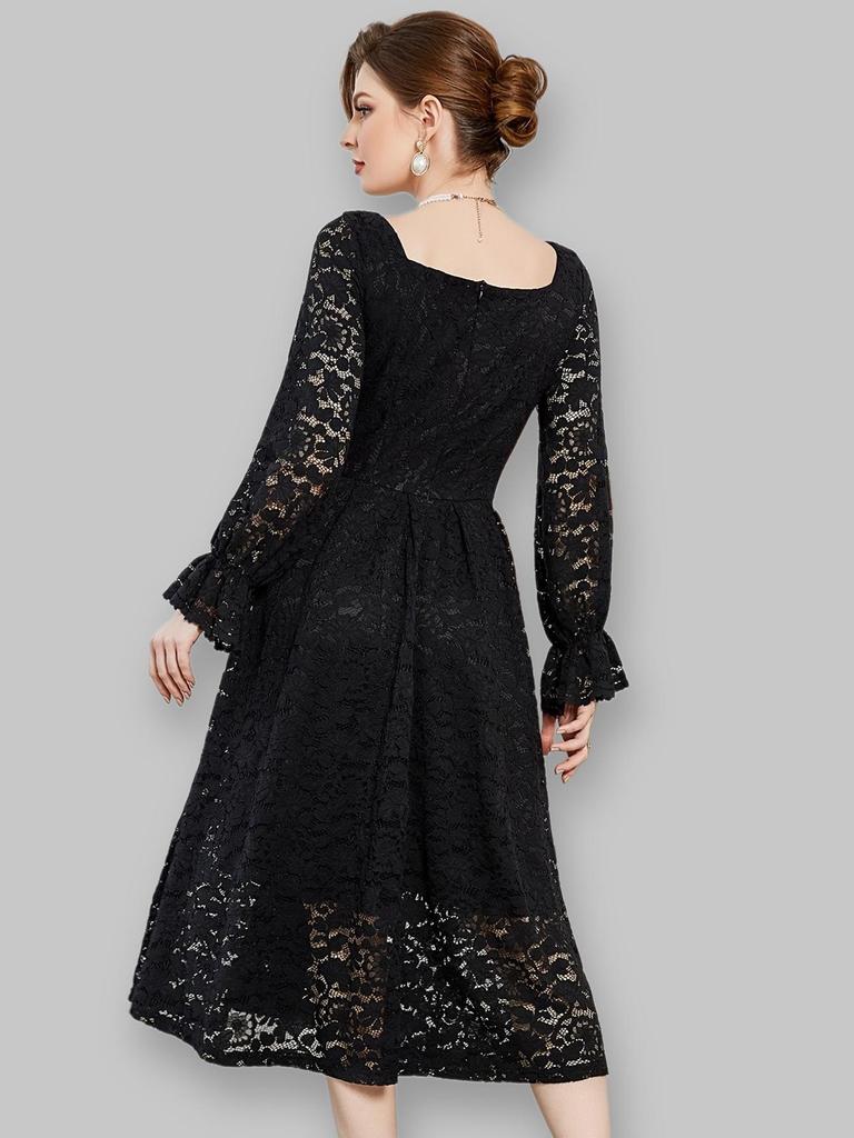 Women's Lace Trim Black Dress - European & American Style, Waist-Hugging, Long-Sleeved, Mid-Length