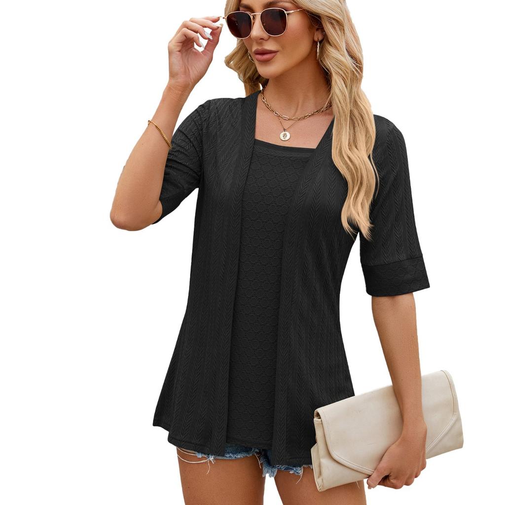Spring Summer New Solid Color Square Neck Patchwork Half Sleeve T-shirt Top, Casual Tops for Women Crossborder Foreign Trade
