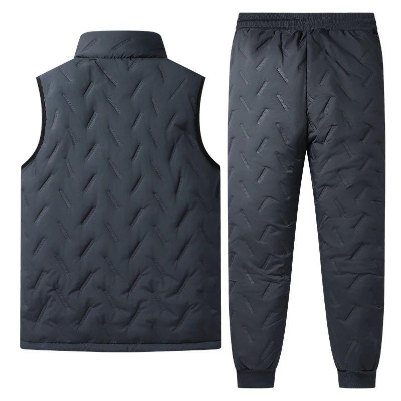 Men's 3-Piece Set, Lamb Fleece Ultrasonic Cotton Jacket with Vest & Pants, Winter Thickened Warm Suit