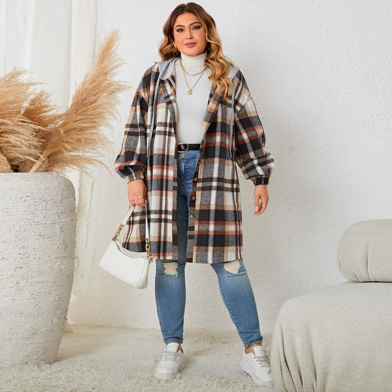 European and American Autumn and Winter Plus Size Women's Clothing, Fat Mm, Enlarged Checkered Hooded, Medium To Long Jacket for Women