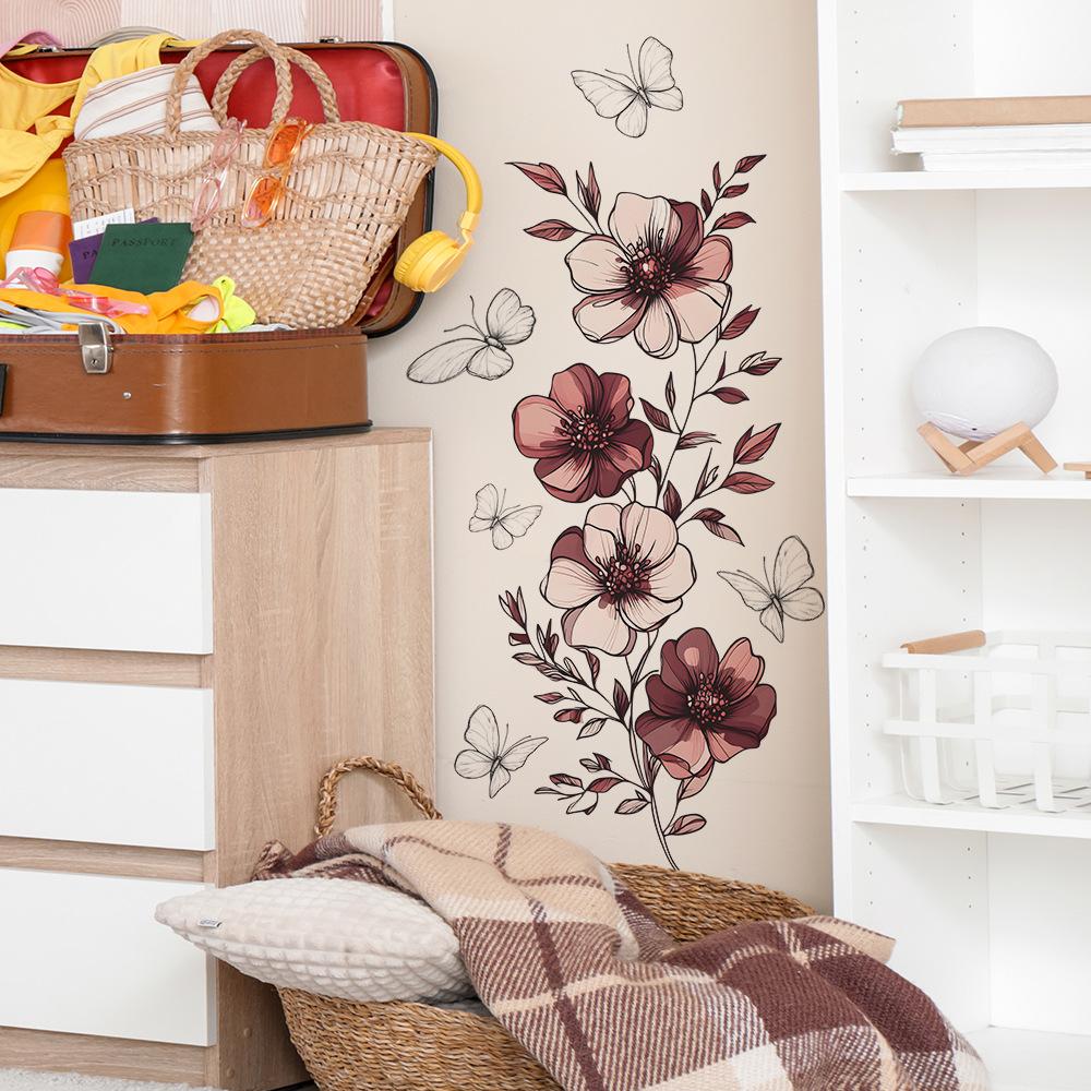 Simulated Floral Line Art Butterfly Wall Sticker Self-Adhesive Removable Bedroom Living Room Hallway Home Decor