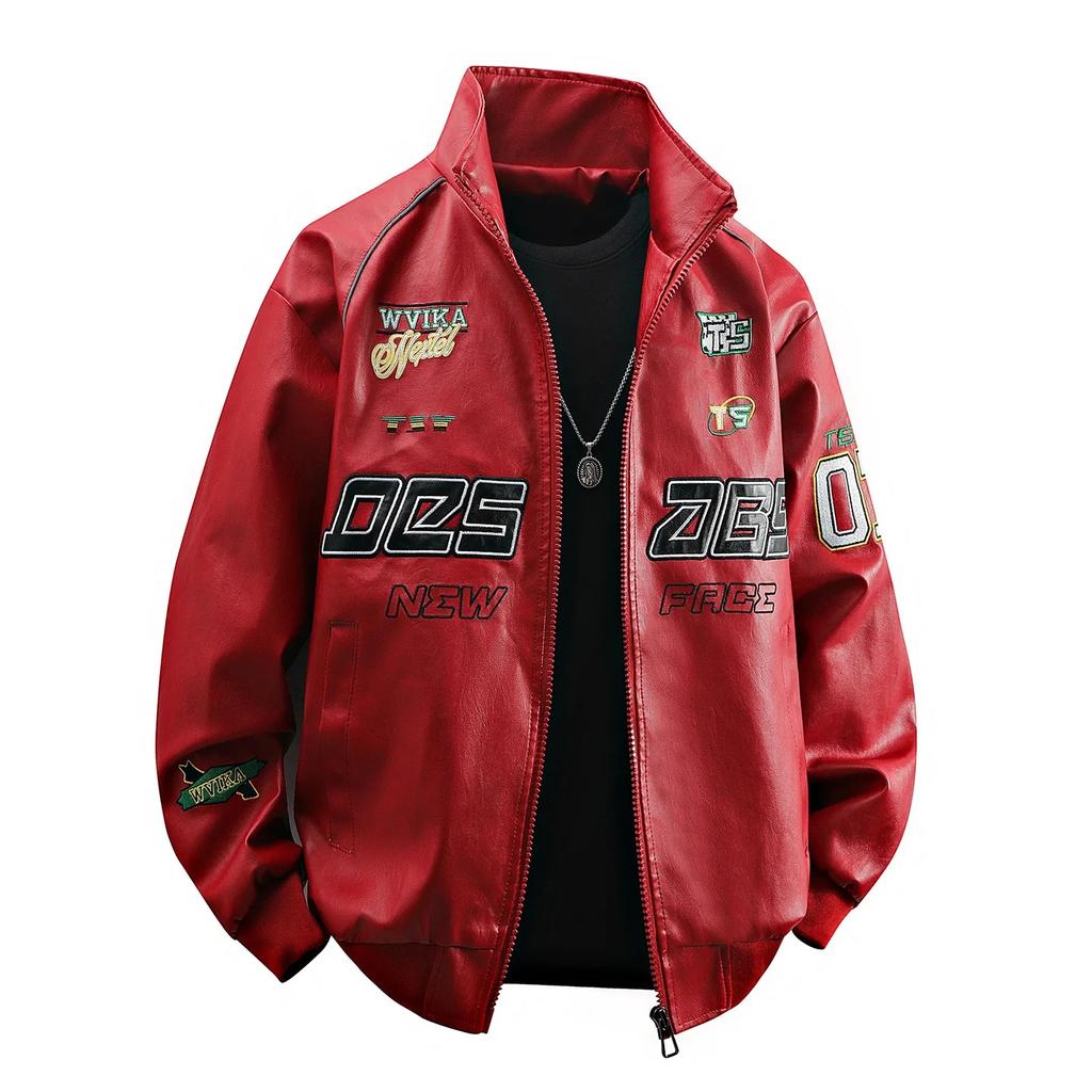 Motorradjacke im amerikanischen Stil aus PU-Leder, trendige schwarz-weiße Bikerjacke, Herren-Oversize-Passform, gefütterte Oberbekleidung