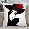 Elegante Dame Schwarze Kissenhülle mit Retro-Rot-Blumenmuster Einseitig Bedruckte Dekorative Kissenbezüge, Umschlagverschluss