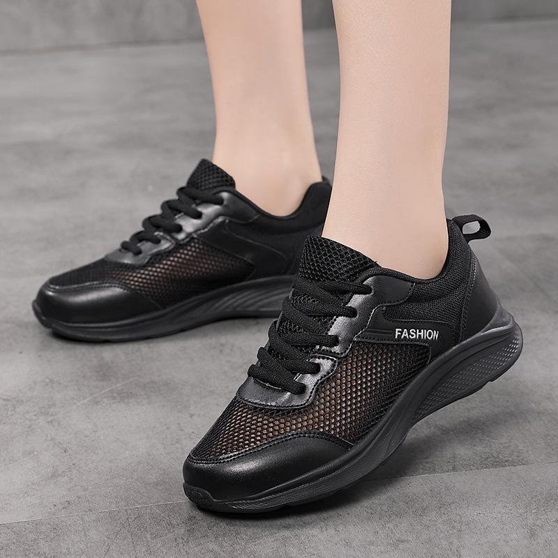 Comfortable All-black Women's Shoes Spring and Summer Mesh Shoes Women's Breathable Sports Shoes Women's Soft-soled Running Shoes Casual Work Shoes
