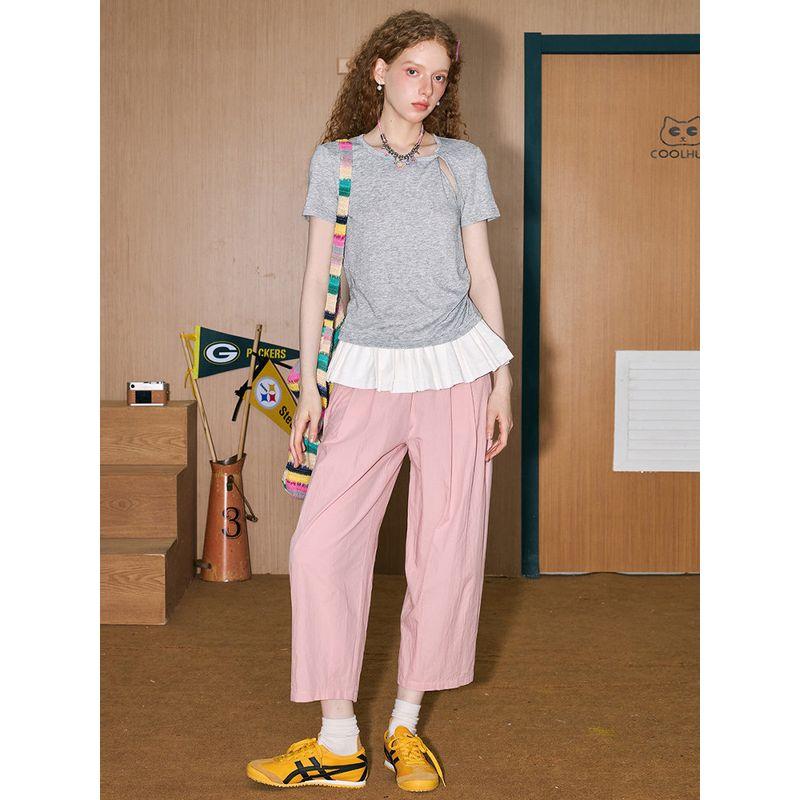 Coolhut Light Gray American Retro Cut Out Short Sleeve T-shirt New Arrival Women's Casual Versatile Slimming Top