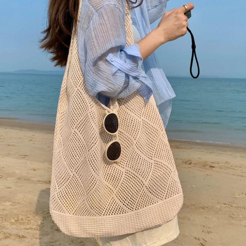 Washable Woven Shopping Bag Large Capacity Shoulder Bag Fashion Hollow Knit Tote Bag  Summer