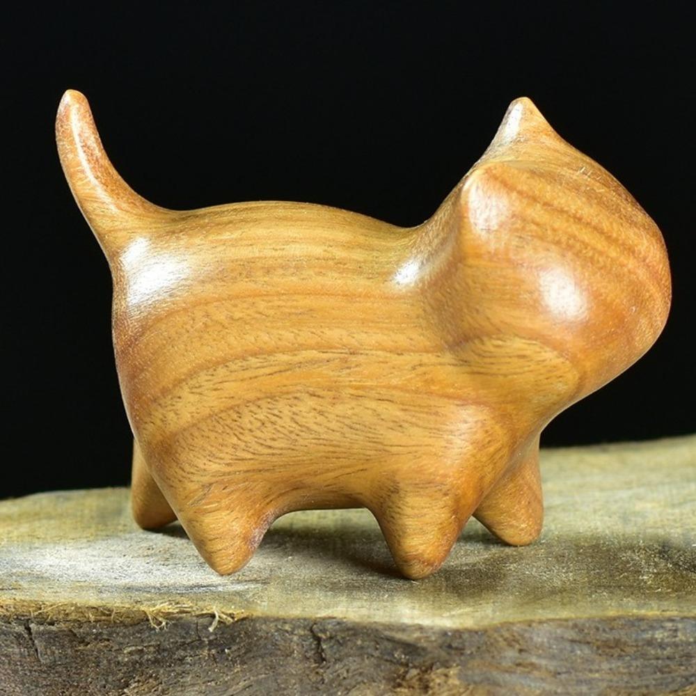 

Wood Carving Cat Ornament Natural Texture Kitten Sculpture Creative Wooden Cat Figurine Office Khaki No Bell