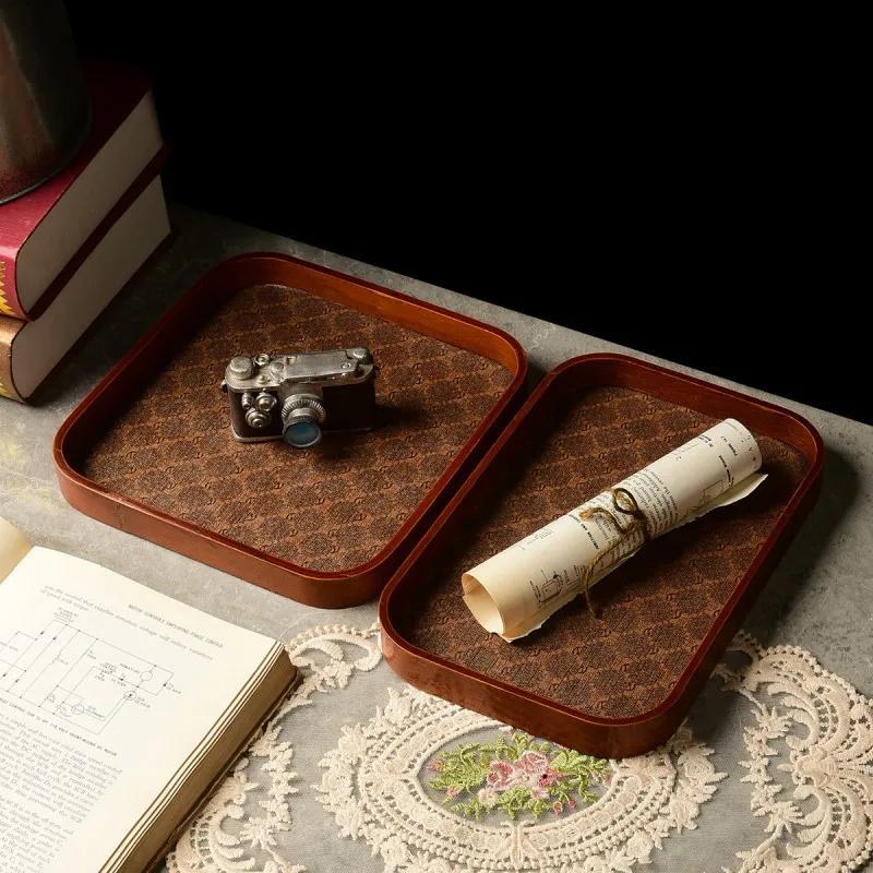Light Luxury Leather Chinese Tea Tray, Retro Desktop Jewelry Ornament Key, Entrance Storage, High-end Wooden Tray