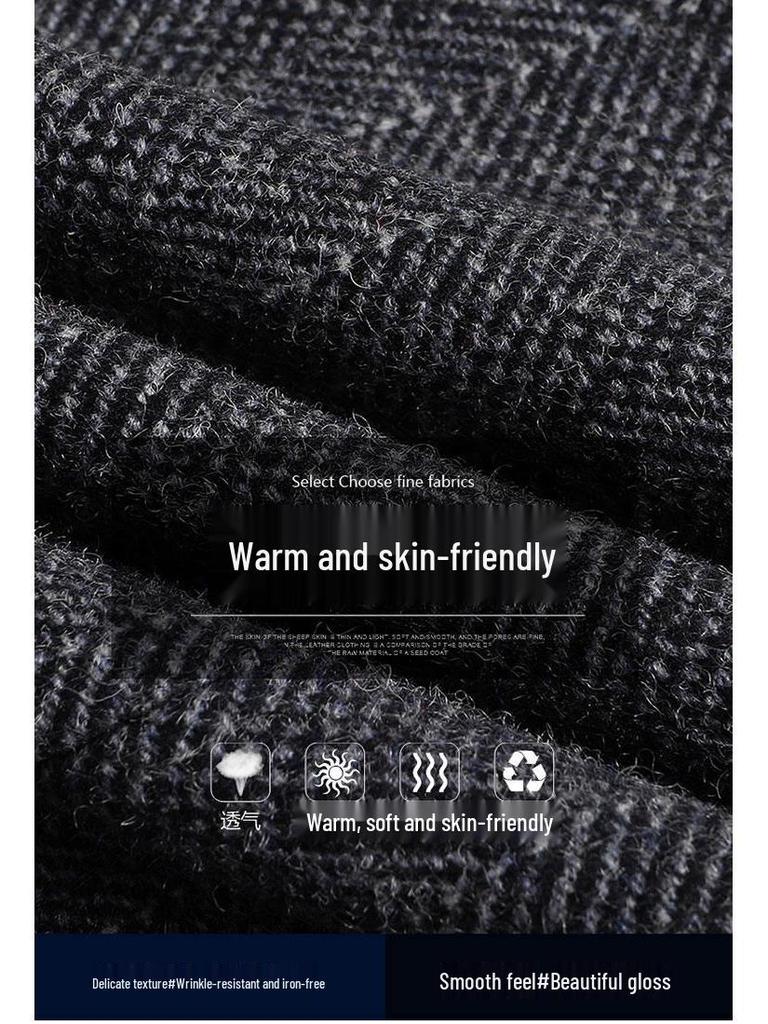 Men's Thickened Woolen Coat with Cotton Padding, Classic Striped Outerwear for Middle-Aged & Elderly, Dad's Style for Autumn/Winter.