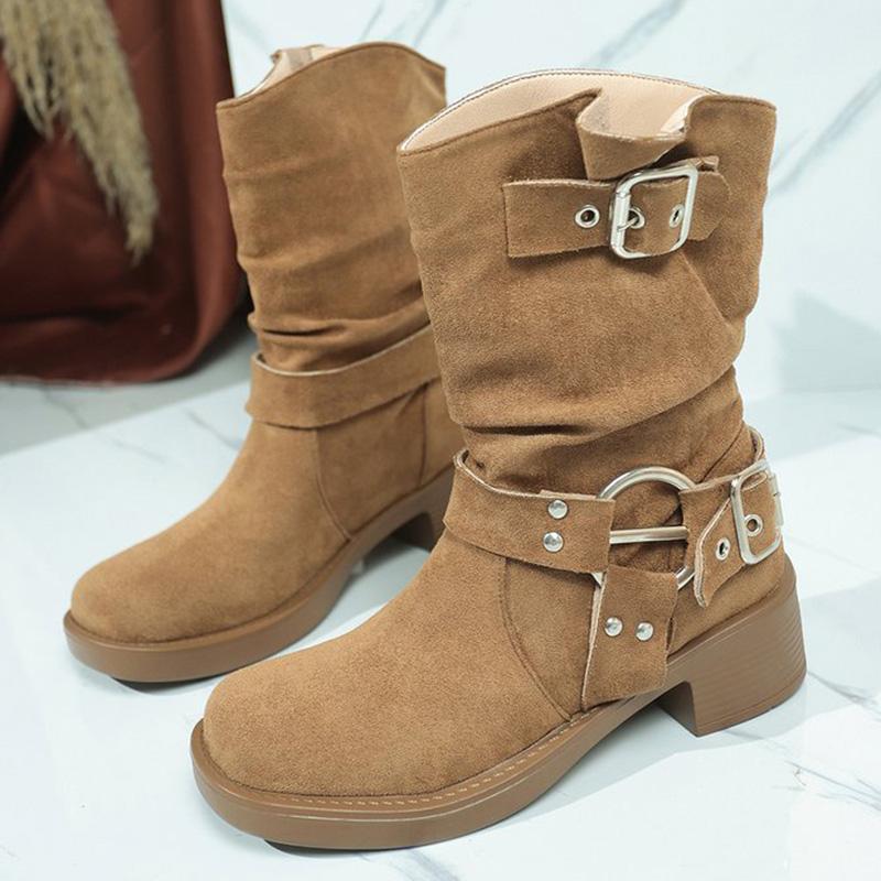 Fashion Khaki Faux Suede Boots for Women Autumn Winter Street Style Buckle Strap Decoration Ankle Boots Woman Rivet Platform Botas Lady