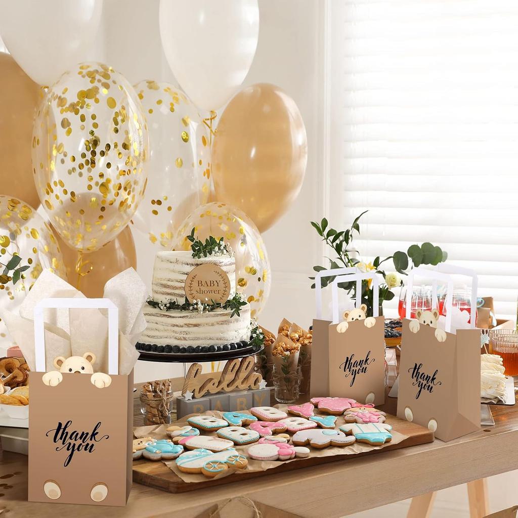 Eersida 16 Pcs Teddy Bear Thank You Gift Bags with Tissue Handles Baby Shower Bear Birthday Decorations Thank You Paper Bags Brown Candy Treat