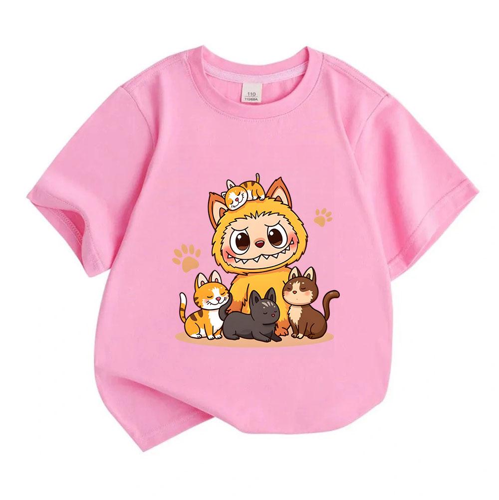 Cute Cartoon Orange Monster With Kitten Print Kids T-Shirt 100% Cotton Crew Neck Short Sleeve Tees for Boys Girls Casual Soft Breathable Summer Tops