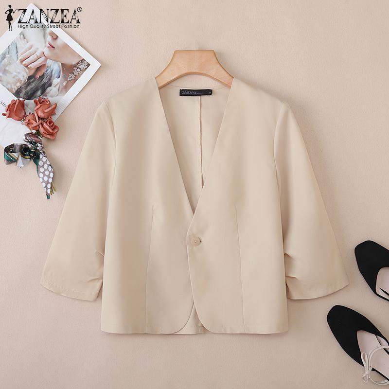 ZANZEA Women Casual V-Neck Loose 3/4 Sleeve Plain Blouse