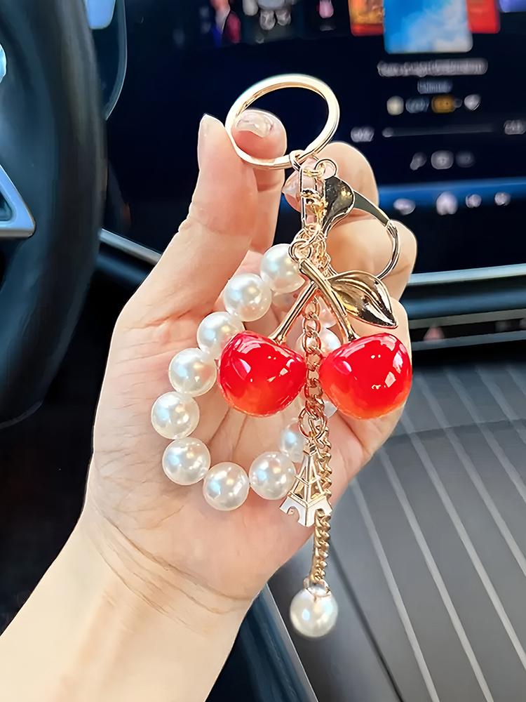 Simulated Cherry Pearl Beads Key Chain Exquisite High-end Bag Pendant Accessory Mother's Day Holiday Gift