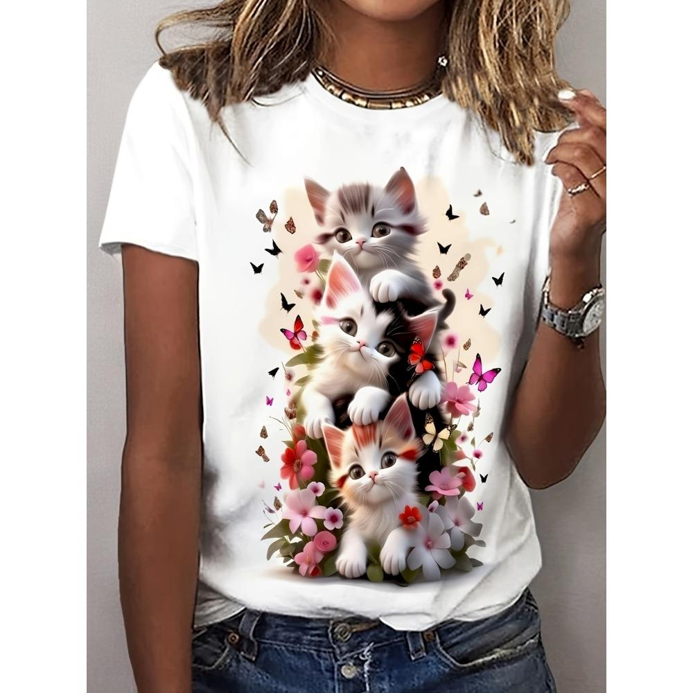

Women s Cute Cat Printed T-shirt Soft Short Sleeve Round Neck T-shirt with Vitality Cat Printed Design Casual Spring/Summer Top 5XL