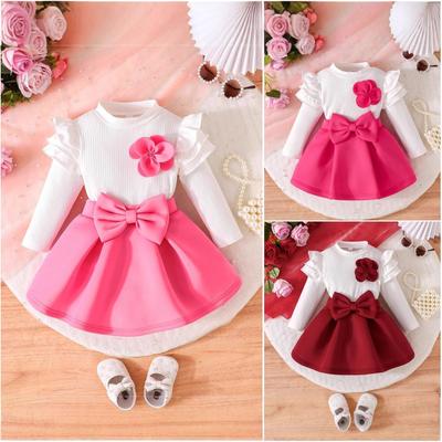 New Girls Sweet Princess Dress Set Three-dimensional Flower Long-sleeved Top + Three-dimensional Bow-knot Half-length Skirt