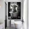 Funny Highland Cow On Toilet Wall Art Poster Prints Rustic Farmhouse Style Canvas Painting Picture for Bathroom Room Home Decor