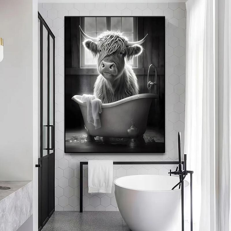 Funny Highland Cow On Toilet Wall Art Poster Prints Rustic Farmhouse Style Canvas Painting Picture for Bathroom Room Home Decor