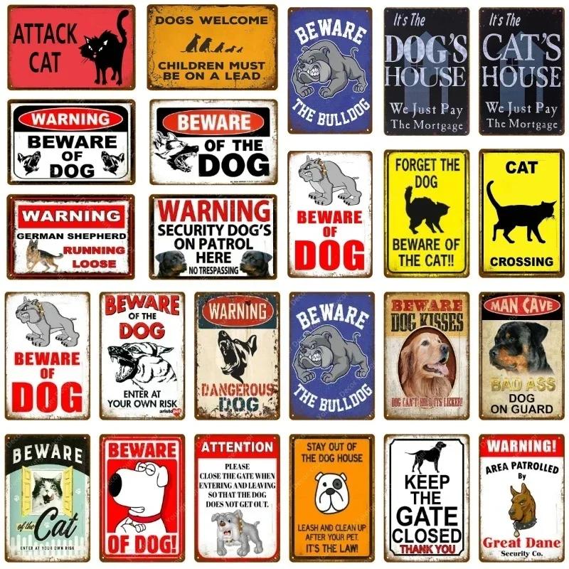 Aviso Perigo Placas de Metal Vintage Cuidado Com o Cão Gato Pôster Placa de Parede Pátio Jardim Bar Casa Pintura Decoração Caverna do Homem