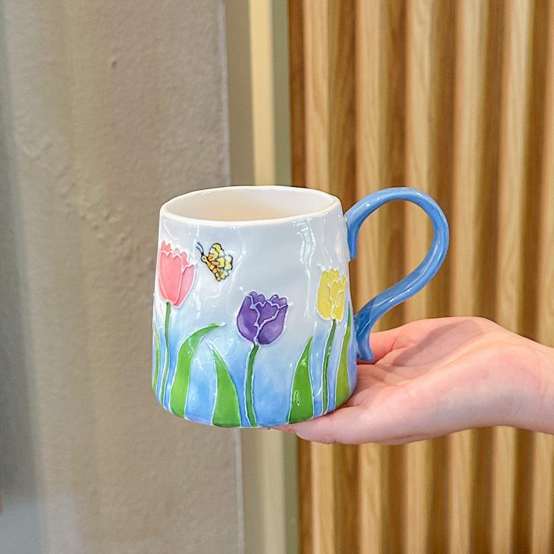 Girls Heart Ins Wind Hand-painted Tulip Ceramic Cup Girls Senior Sense Souvenir Couple Flower Mug