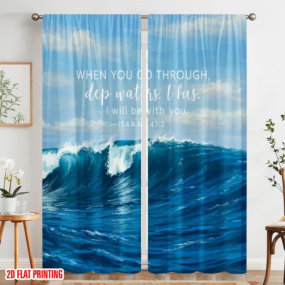 2pcs 2D Flat Printing Curtain Inspirational Christian Jesus Walking Through Water Polyester Without Electricity Family Party for