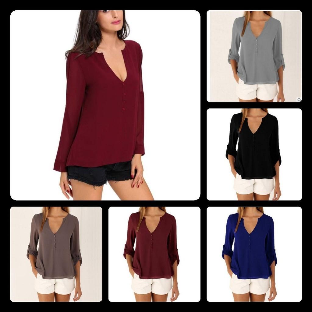 Elegant V Neck Long Sleeve Chiffon Blouse For Women In Six Chic Colors And Sizes S To 5xl