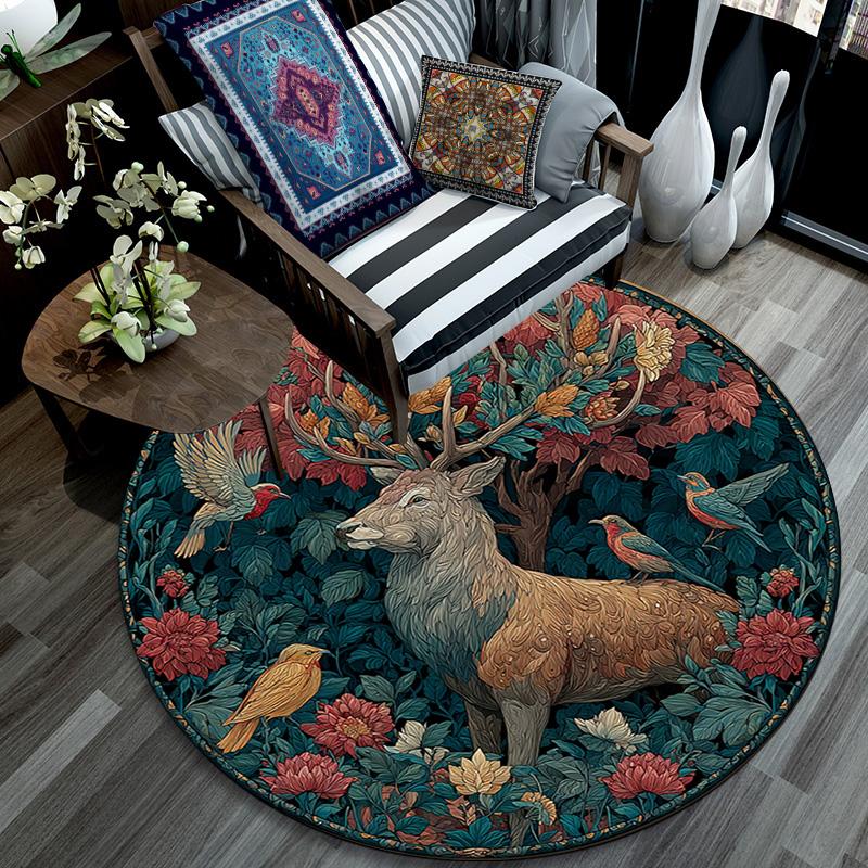 Deer in the Garden Round Area Rug,Carpet Rug for Living Room Bedroom Sofa Playroom Decor,Non-slip Floor Mat