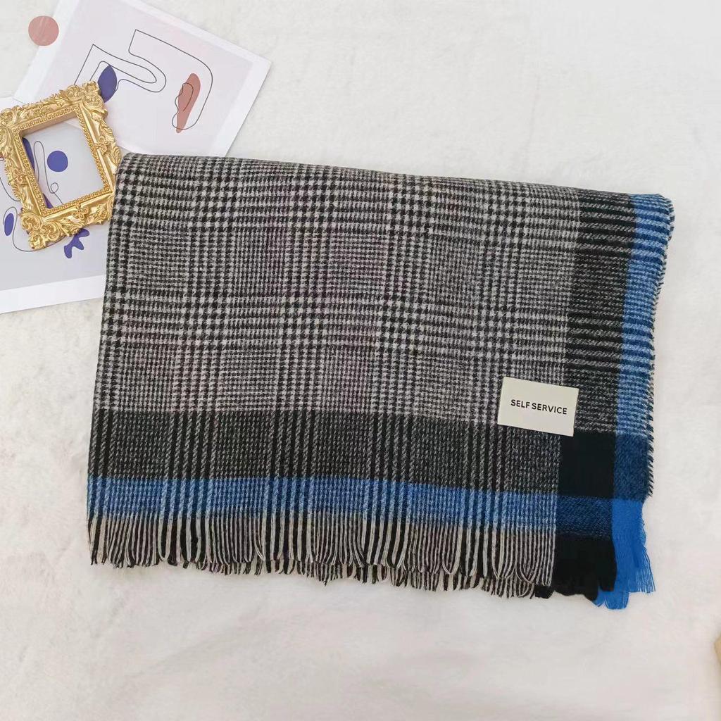 Women's Winter Plaid Imitation Cashmere Tassel Scarf, Thickened Korean Style Neck Warmer