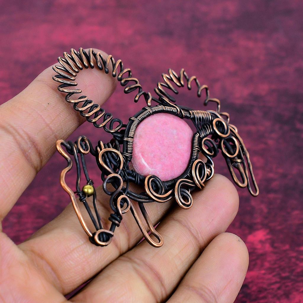 Thulite Gemstone Pendant Handmade Rabbit Jewelry Copper Wire Wrapped Pendant