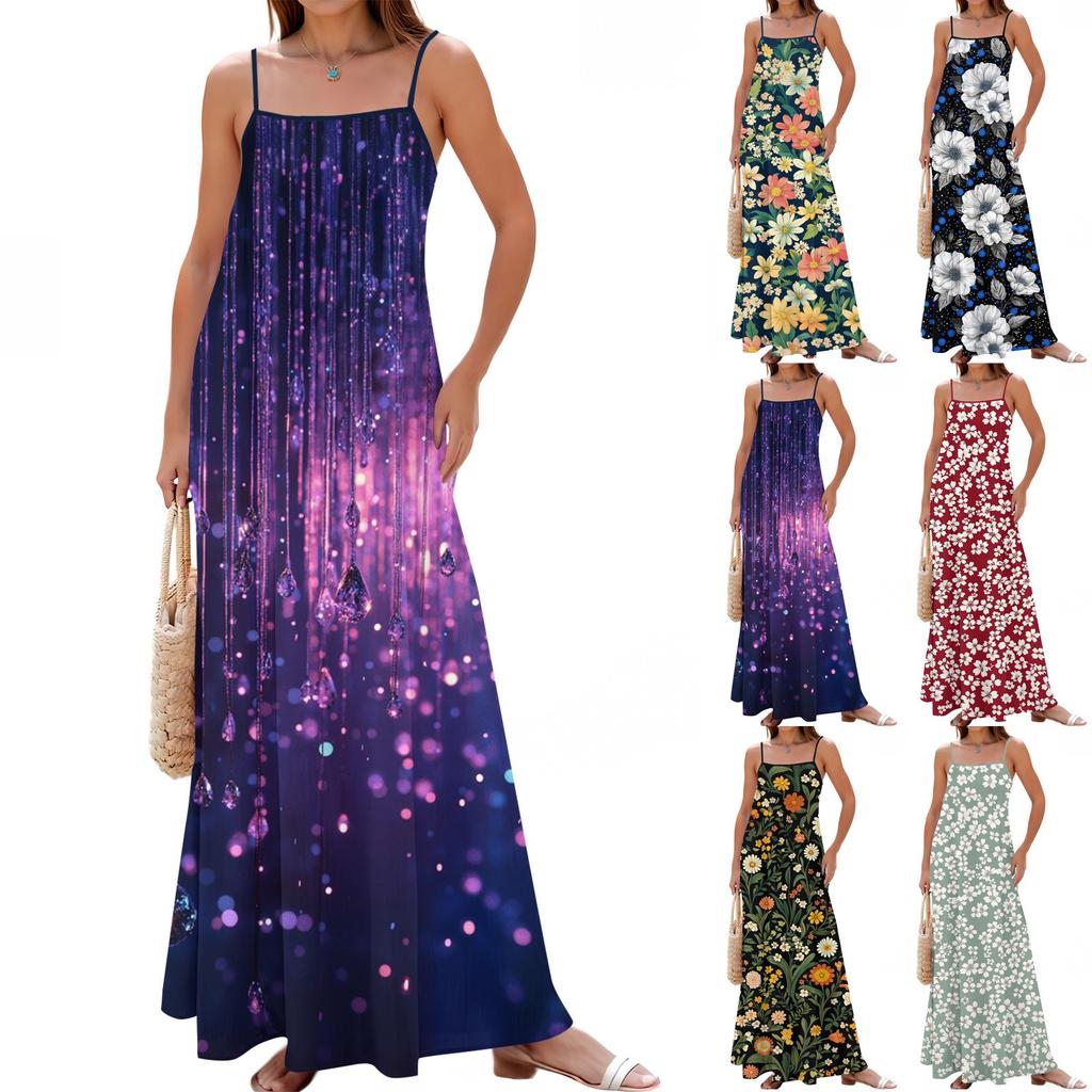 Women's Spring And Summer Casual Fashion Adjustable Suspenders Printed Long Dress