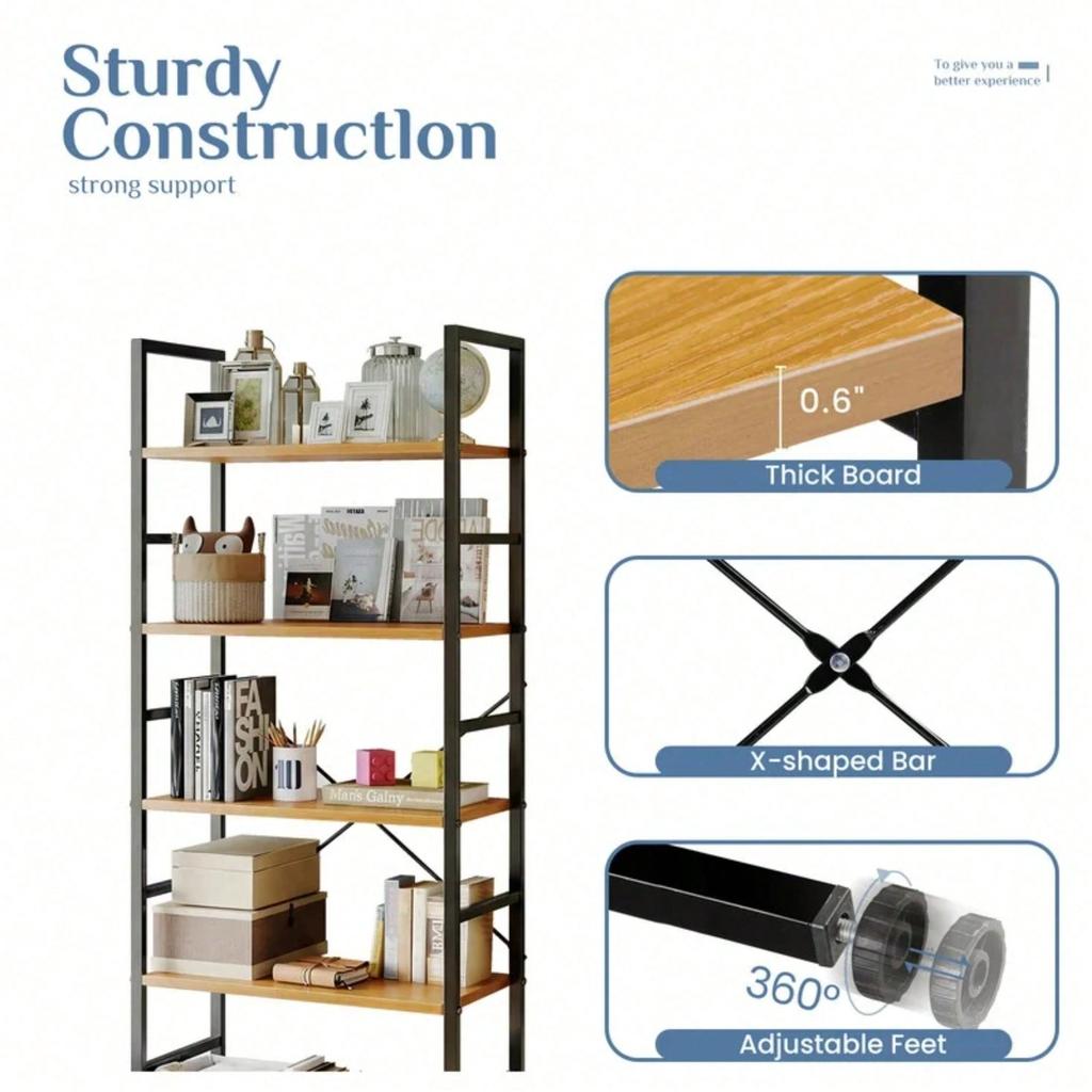 5 Tier Bookshelf, Standing Shelf, Bookcase Shelf Storage Organizer, Industrial Book Shelves For Home Office, Living Room, Kitche