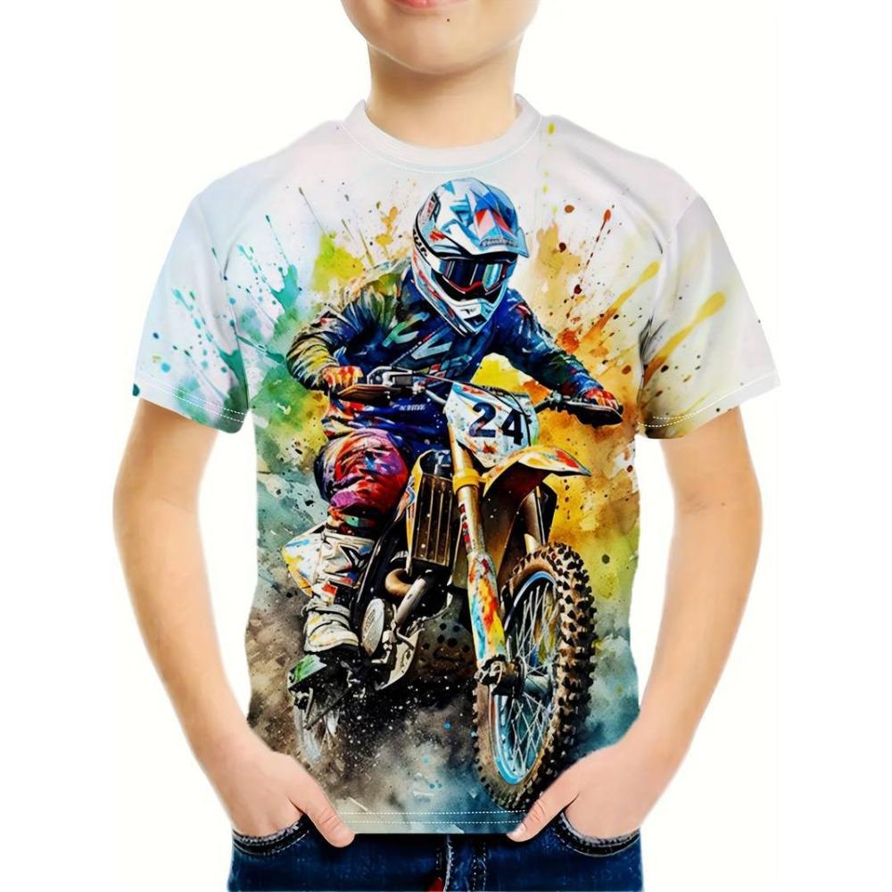 Car-themed printed boys’ 3D digitally printed T-shirt with a round neck and breathable fabric 100cm