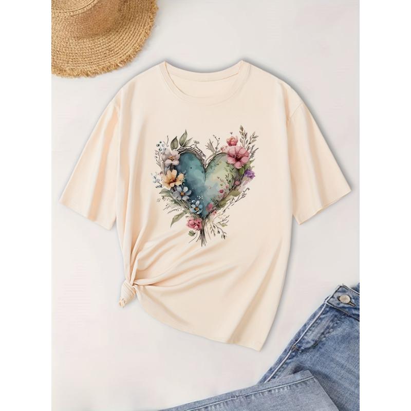Short Sleeve Love Flower Large Size Round Neck Fashion T-Shirt