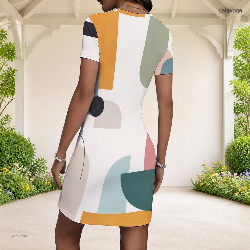 Women Plus Size Round Neck Short Sleeve Black Grey Abstract Printed Fitted Mini Dress